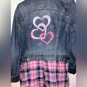 Upcycled Women's Denim and Pink Plaid Duster Jacket